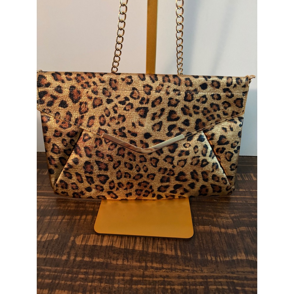 Metallic Leopard Animal Print Envelope Clutch Crossbody Bag Gold Chain Strap EUC